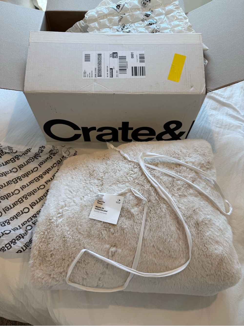 Crate&Barrel Faux Fur Throw in Travertine Beige